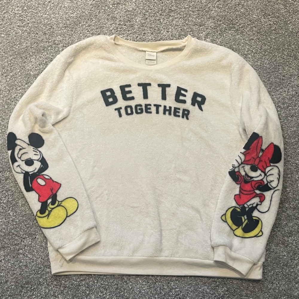 Disney Better Together Mickey Minnie White Fleece Sweatshirt ~ Size Large